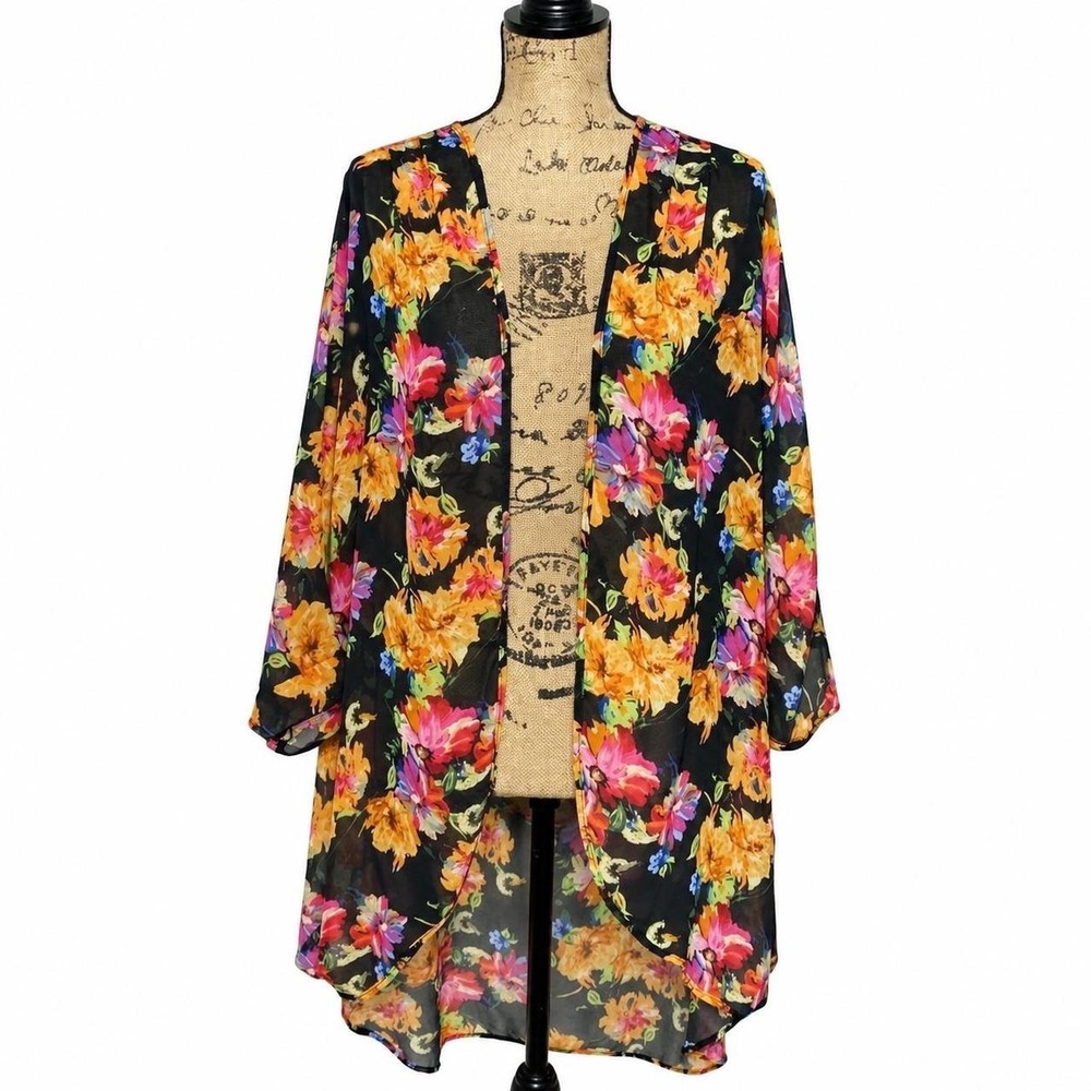 Teenbell Floral Chiffon Kimono Wrap Open Front Sheer Cardigan Black Multi